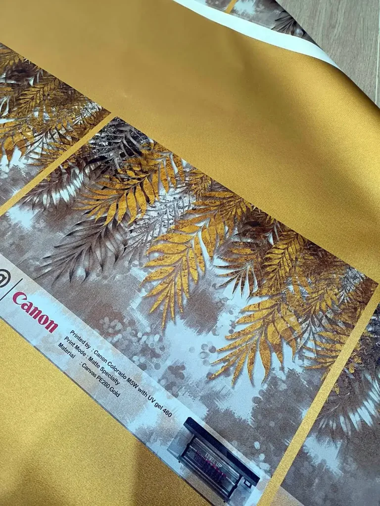 Gold leaf design printed on gold canvas with UV gel large format printing
