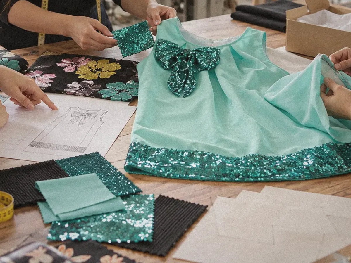 Illustrative image: garment sample development with sketch and materials