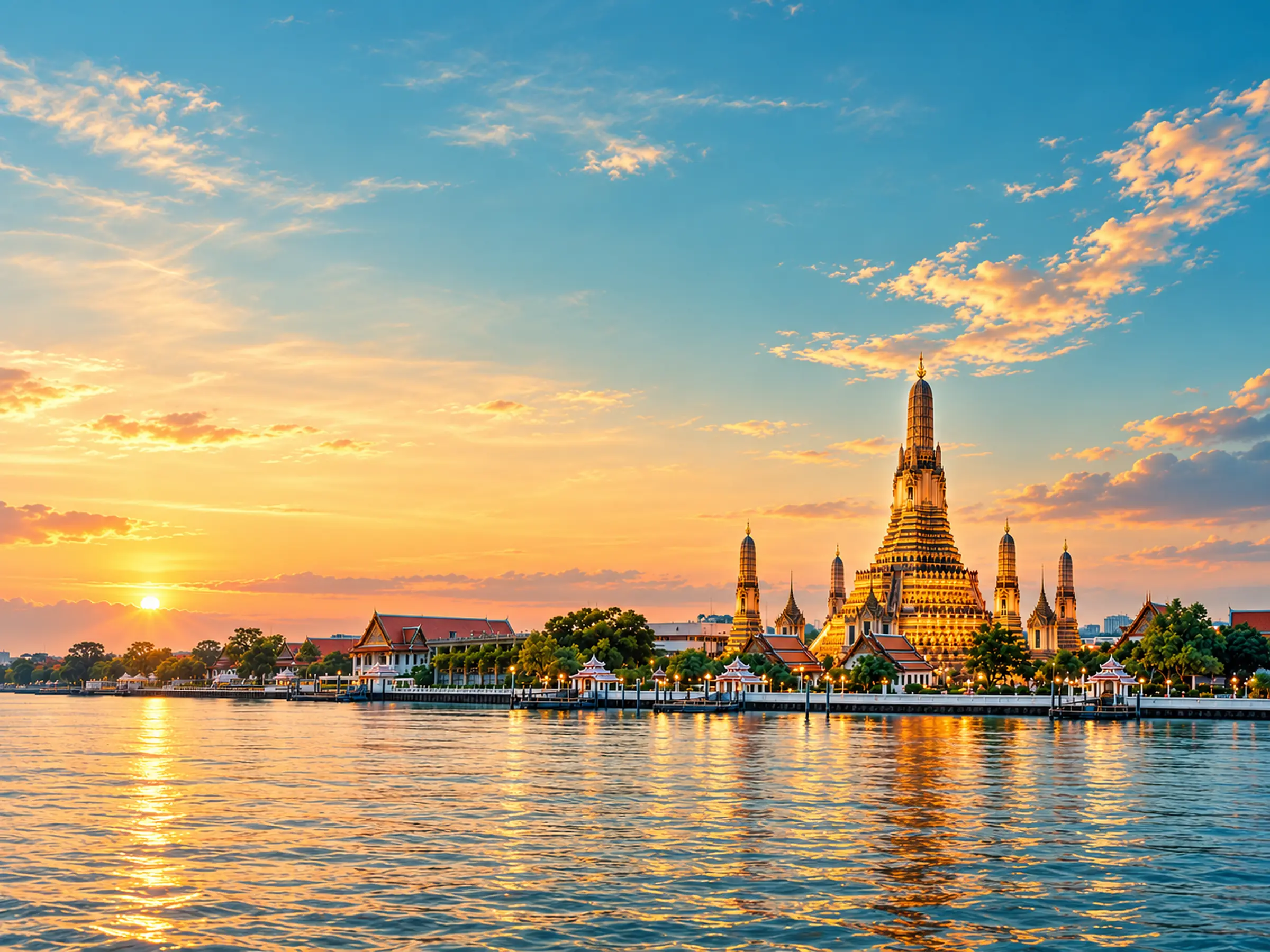 Wat Arun on the Chao Phraya River at sunset, Bangkok